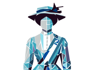 AI-inspired geometric woman quilt block in bold colors by The AI Quilter.