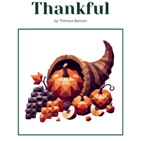 Thanksgiving-themed quilt block titled "Thankful," featuring autumn-inspired appliqué elements in warm tones for a seasonal quilt project.