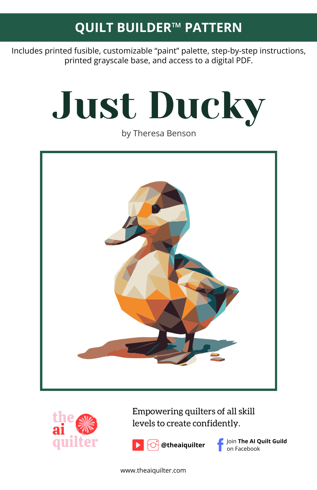 AI-inspired geometric duckling quilt block in bold colors by The AI Quilter.