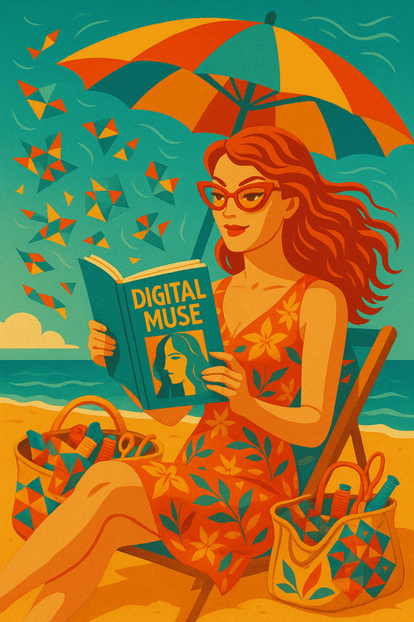 The AI Quilter reading Digital Muse at the beach.