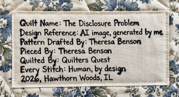 Quilt label listing pattern, piecing, and quilting credits, an early model for honest AI disclosure